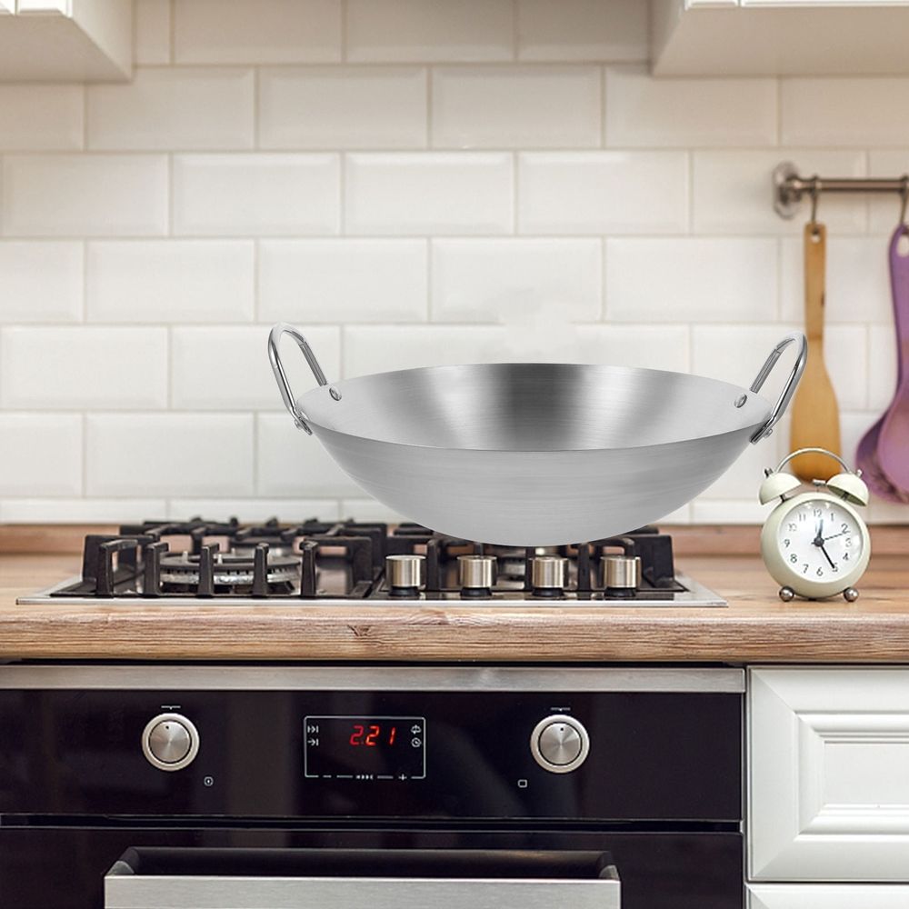 Heavy Duty Plated Silver Stainless Steel Wok for All Stoves - Easy to Move, Wide Use