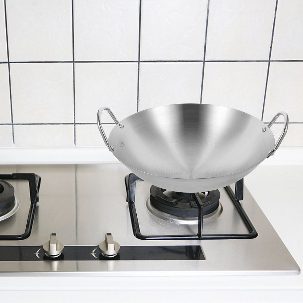 Heavy Duty Plated Silver Stainless Steel Wok for All Stoves - Easy to Move, Wide Use