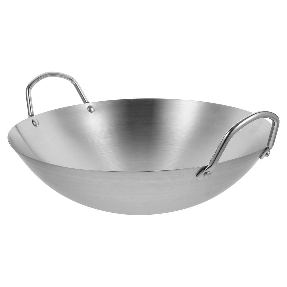Heavy Duty Plated Silver Stainless Steel Wok for All Stoves - Easy to Move, Wide Use