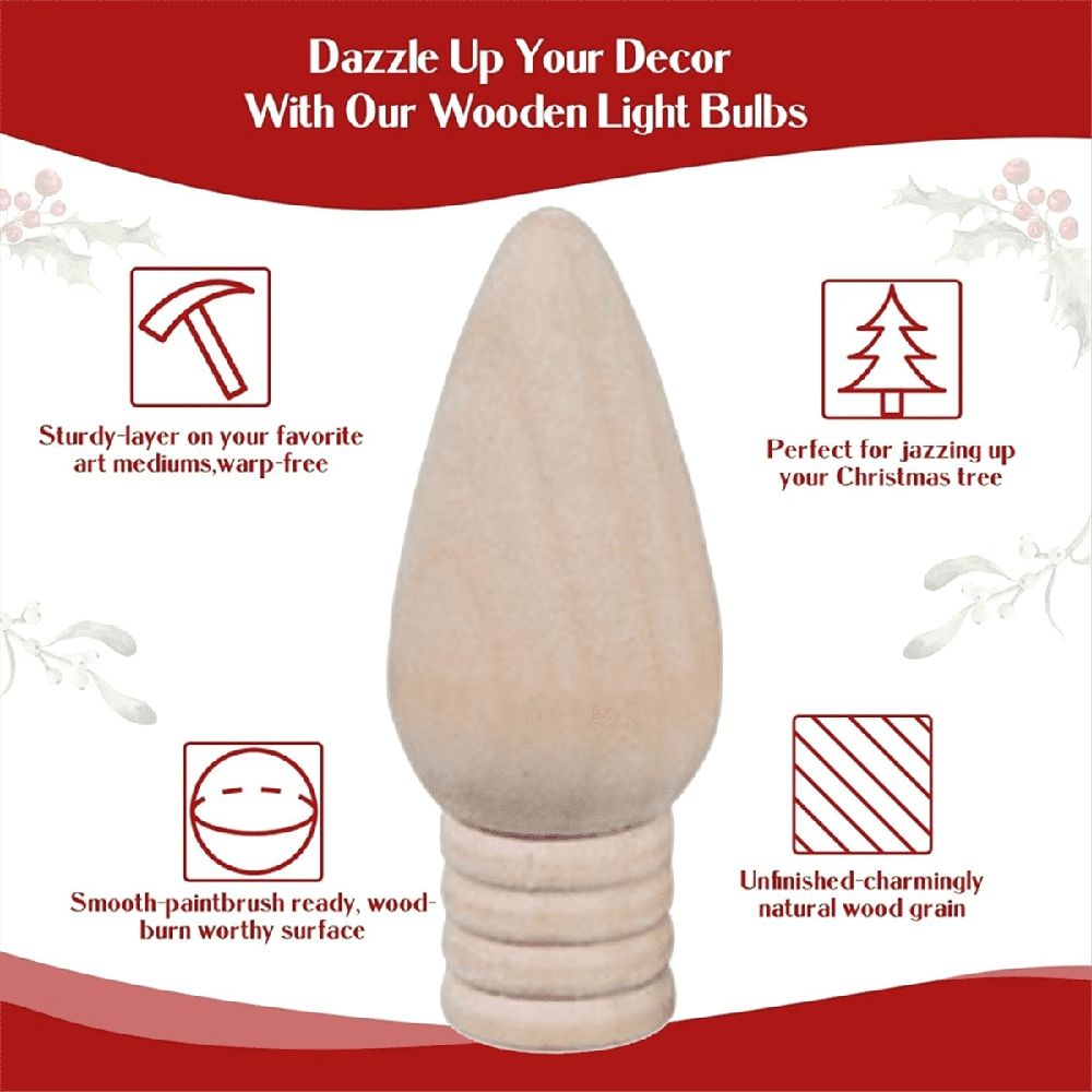50 Pcs Wooden Christmas Light Bulb Unfinished Wood Ornaments for Crafts and Christmas Trees Supply, 2 Inch High