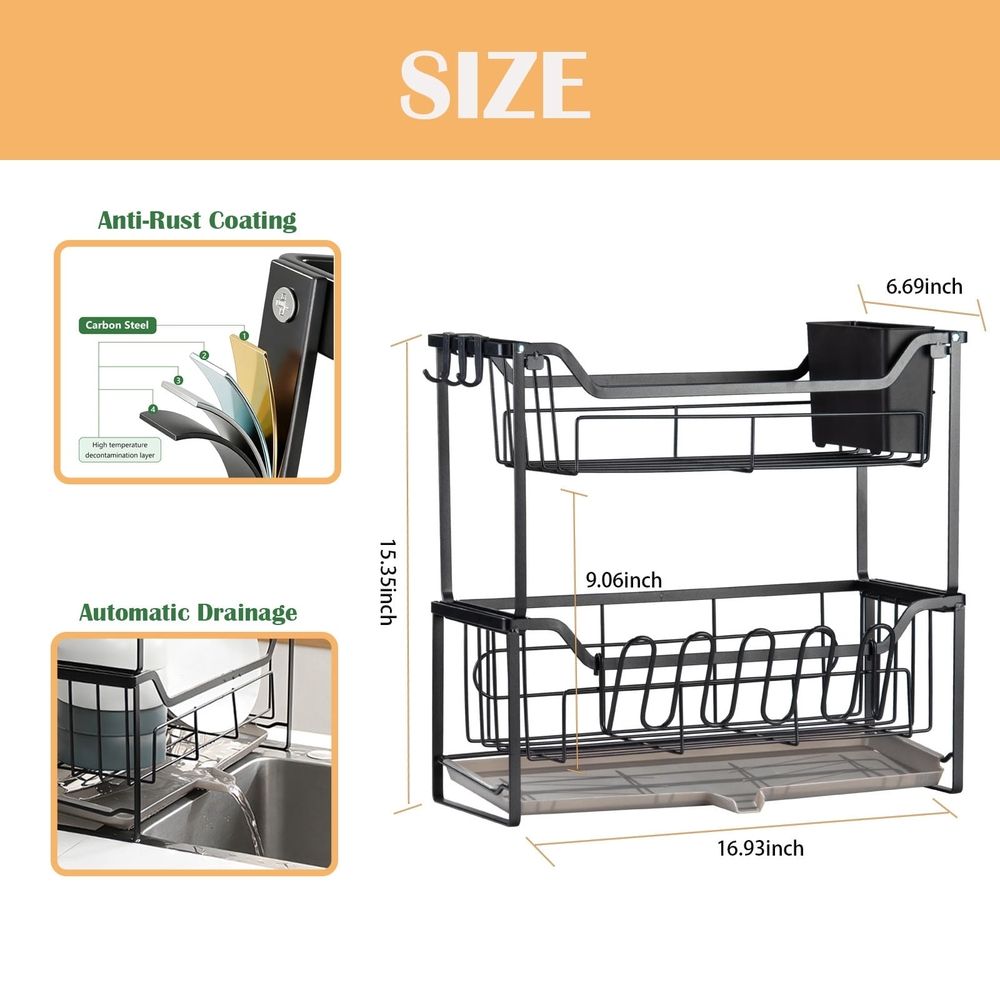 2-Tier Dish Racks, Large Space-Saving Dish Drying Rack, Narrow Drainer for Kitchen Counter, Black