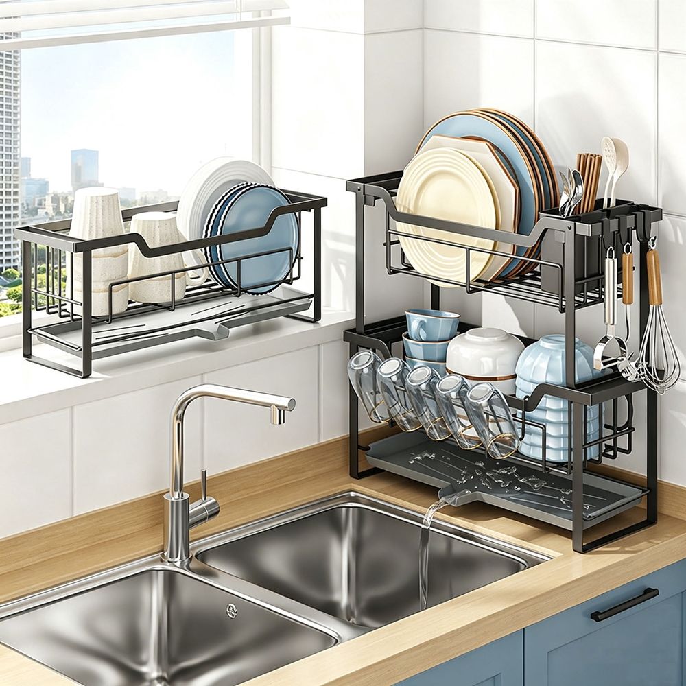 2-Tier Dish Racks, Large Space-Saving Dish Drying Rack, Narrow Drainer for Kitchen Counter, Black