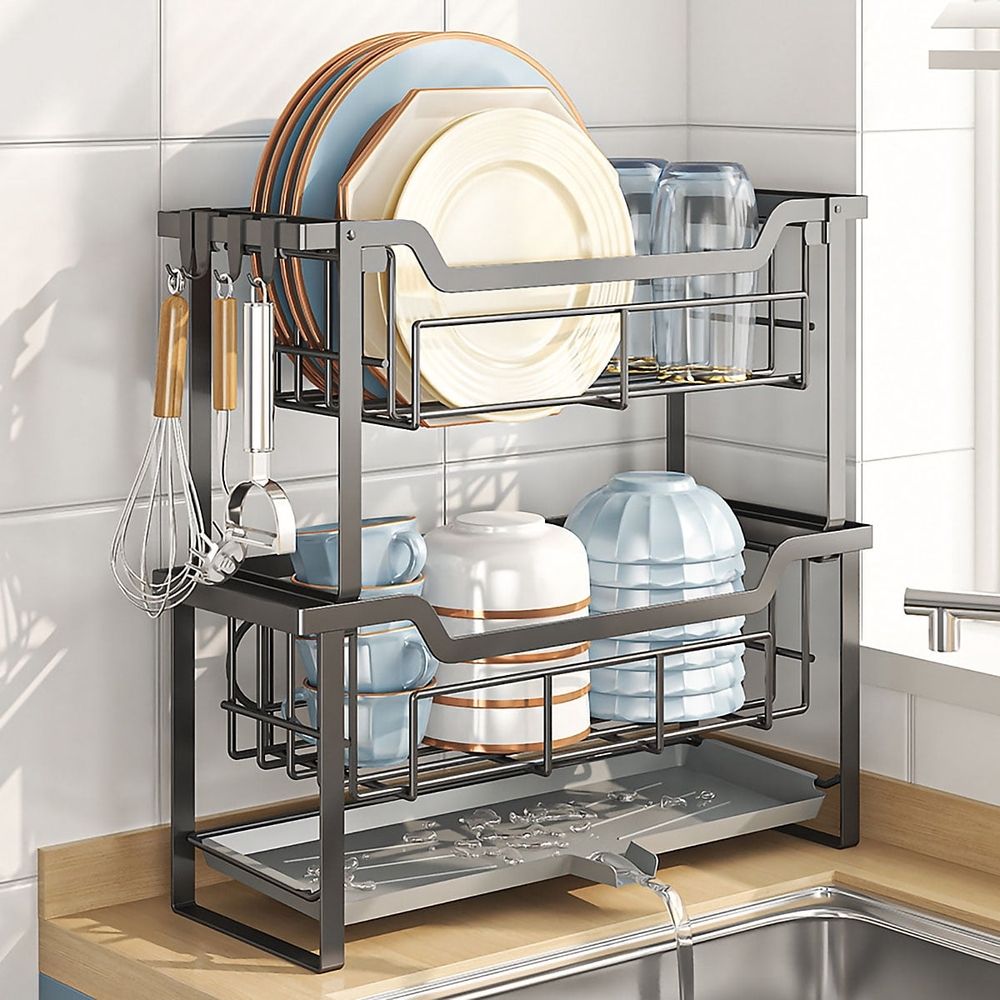 2-Tier Dish Racks, Large Space-Saving Dish Drying Rack, Narrow Drainer for Kitchen Counter, Black