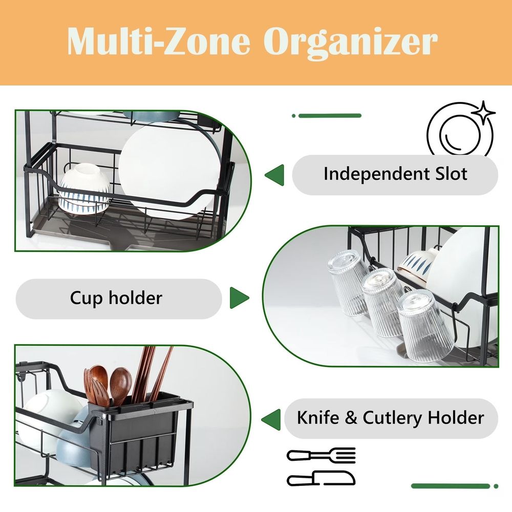 2-Tier Dish Racks, Large Space-Saving Dish Drying Rack, Narrow Drainer for Kitchen Counter, Black