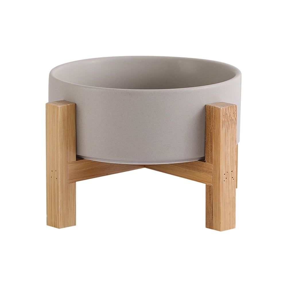 Elevated Ceramic Cat & Dog Bowl with Non-Slip Wooden Stand for Pets, Solid