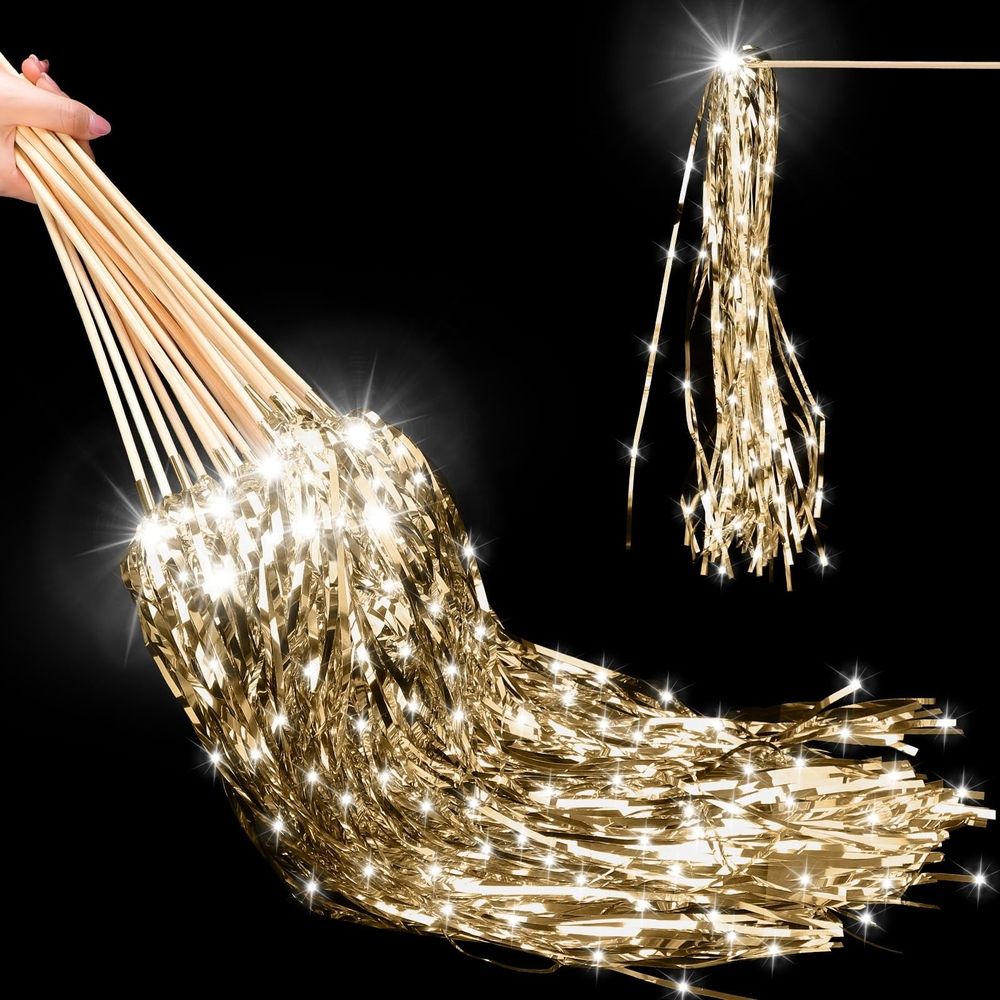 Lighted Wedding Wands Send off, LED Ribbon Stick with Shiny Foil Tinsel Glitter Hand Light up Streamers for Bridal Baby Shower Birthday Party Celebration (Gold, 20Pcs)