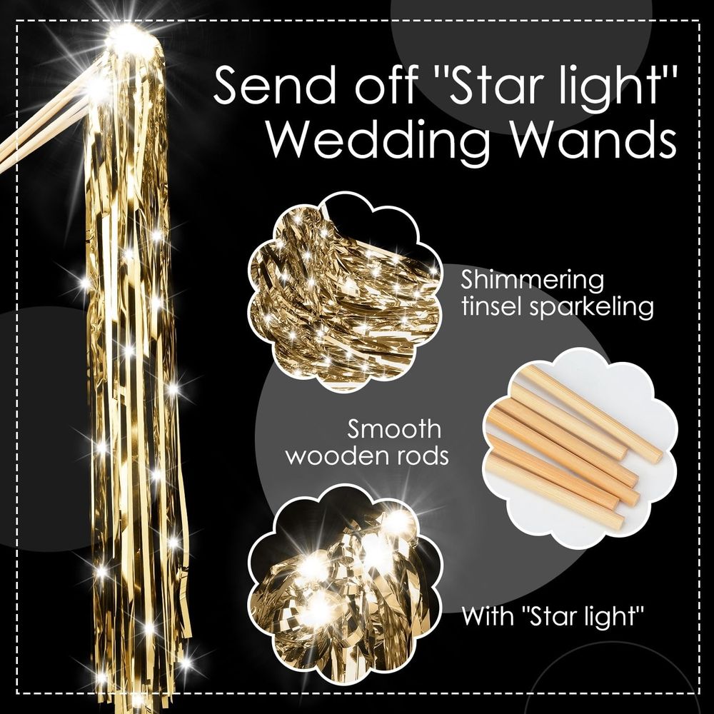 Lighted Wedding Wands Send off, LED Ribbon Stick with Shiny Foil Tinsel Glitter Hand Light up Streamers for Bridal Baby Shower Birthday Party Celebration (Gold, 20Pcs)
