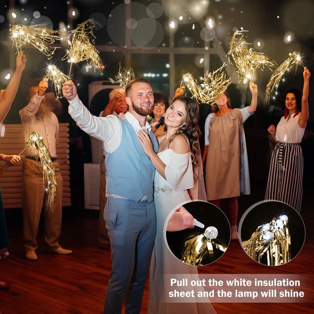 Lighted Wedding Wands Send off, LED Ribbon Stick with Shiny Foil Tinsel Glitter Hand Light up Streamers for Bridal Baby Shower Birthday Party Celebration (Gold, 20Pcs)
