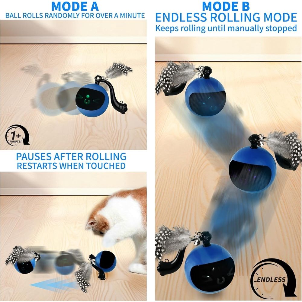 Interactive Cat Toy Ball with Remote Control, Automatic Moving & Rolling Cat Feather Toy, USB Rechargeable, Motion Activated Remote Control Cat Toy for Indoor Cats