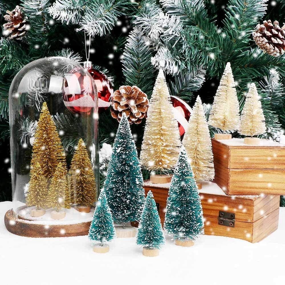 24PCS Mini Christmas Trees Bottle Brush Trees with Wood Base, Christmas Village Trees for Tabletop Christmas Decor Holiday Winter Decorations