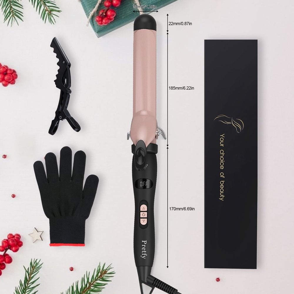Portable Hair Curler Tube Pretfy 1.25inch Hair Curling Iron Hair Curler Temperature Adjustable LCD Temp Display Hair Styling Tool Anti-scald Auto Shut-Off