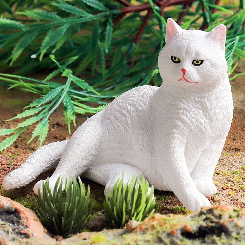 White Plastic Cat Garden Statue with Realistic Features for Outdoor Yard Decoration