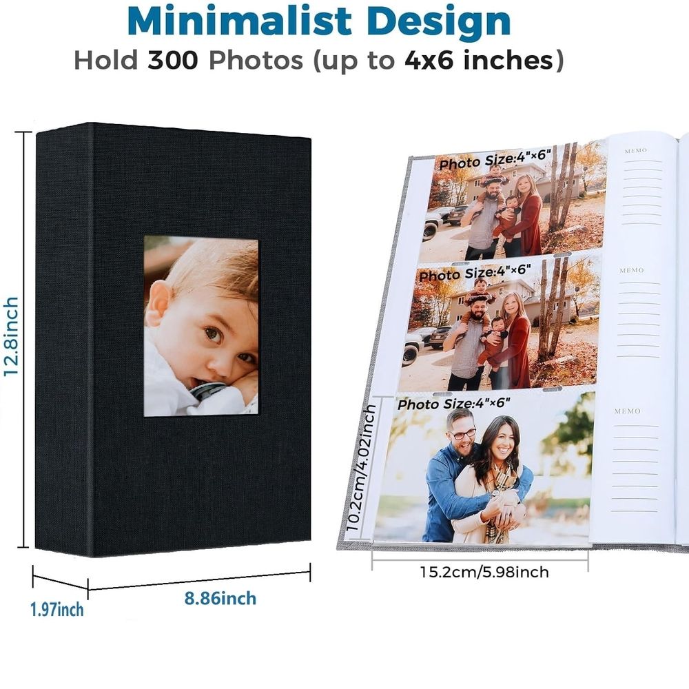Photo Album 4x6 300 Photos with Writing Space,4 x 6 Photo Book Linen Cover with Front Window, 4x6 Picture Album, 300 Photos Photo Album Book for Wedding Kids Travel Family Baby Pictures (Green)