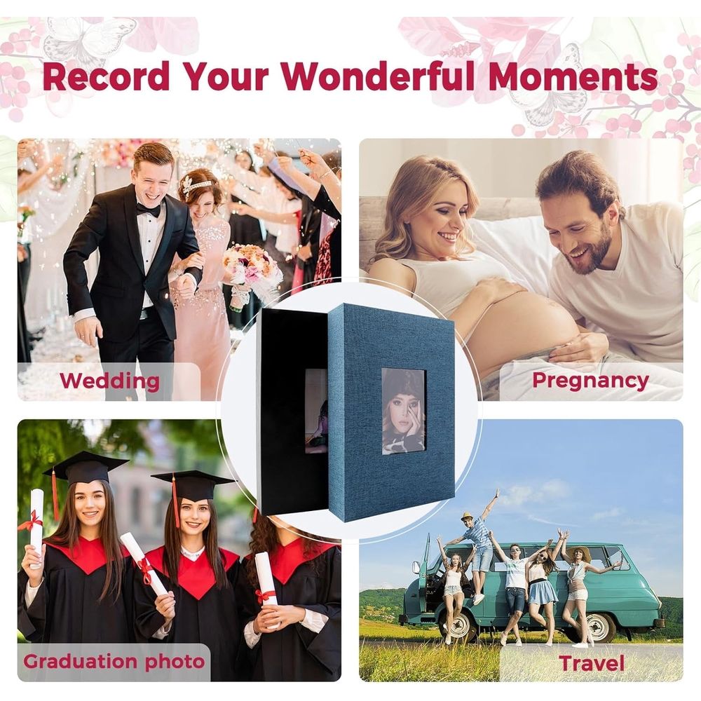 Photo Album 4x6 300 Photos with Writing Space,4 x 6 Photo Book Linen Cover with Front Window, 4x6 Picture Album, 300 Photos Photo Album Book for Wedding Kids Travel Family Baby Pictures (Green)
