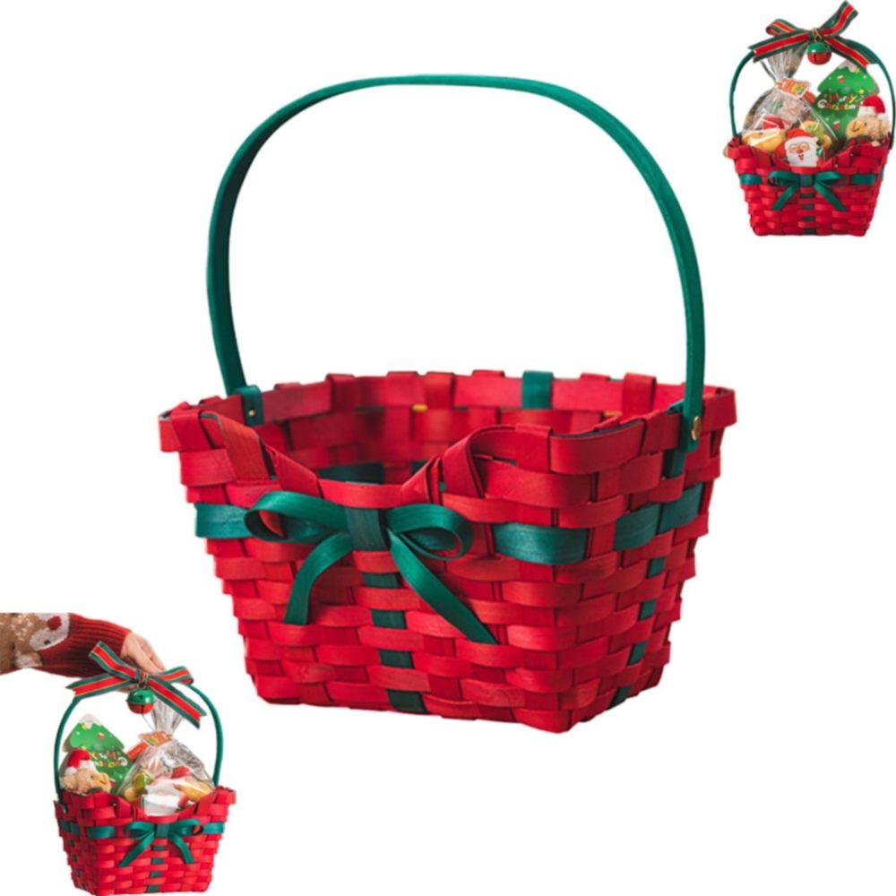 Christmas Wicker Storage Basket: Hand-Woven Red and Green Holiday Decorative Basket for Candy Storage, Table Centerpiece, or Festive Home Organization