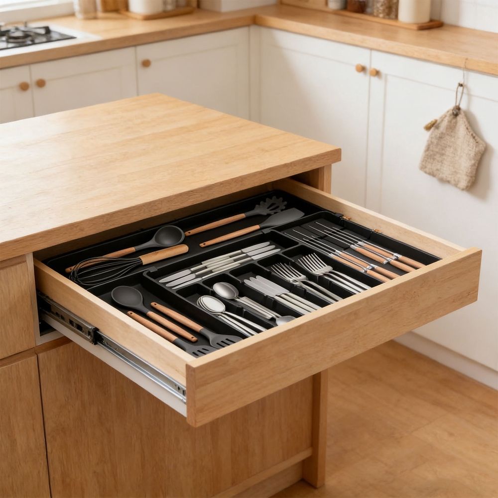 Expandable Kitchen Utensil Drawer Tray - Adjustable Silverware Organizer with 9 Compartments for Forks Knives and Spoons - Large Cutlery Tray Fits Standard Drawers 13.2 to 22 Inch Wide