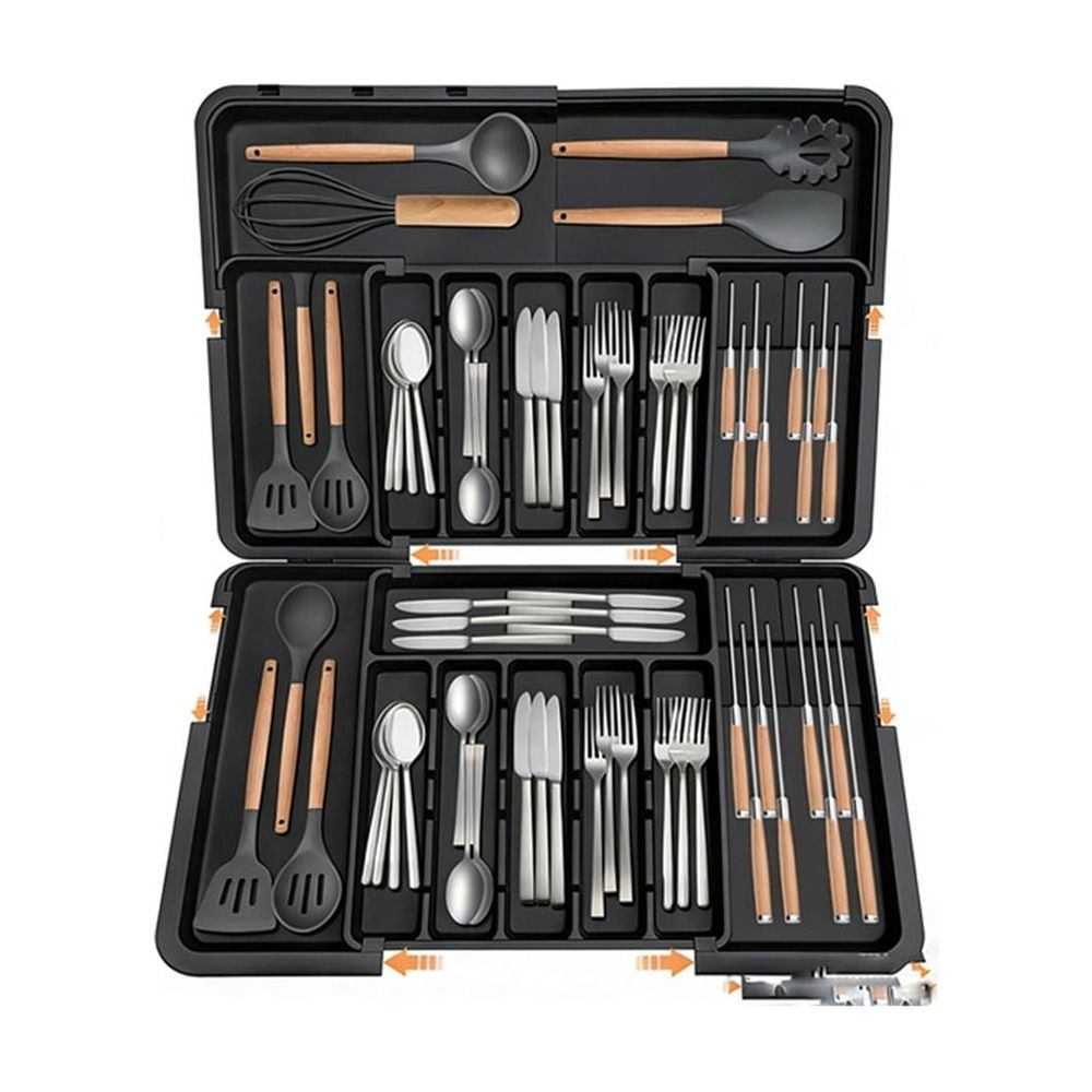 Expandable Kitchen Utensil Drawer Tray - Adjustable Silverware Organizer with 9 Compartments for Forks Knives and Spoons - Large Cutlery Tray Fits Standard Drawers 13.2 to 22 Inch Wide