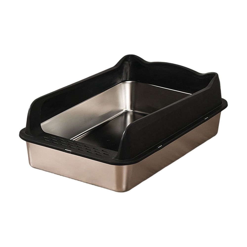 Stainless Steel Cat Litter Box Semi Enclosed High Sides Antis Scatter Odor Control Kitty Litter Pan with Scoop Non-Slips Base for Large Obese Cats, Easy Clean Washable Open Tray, White