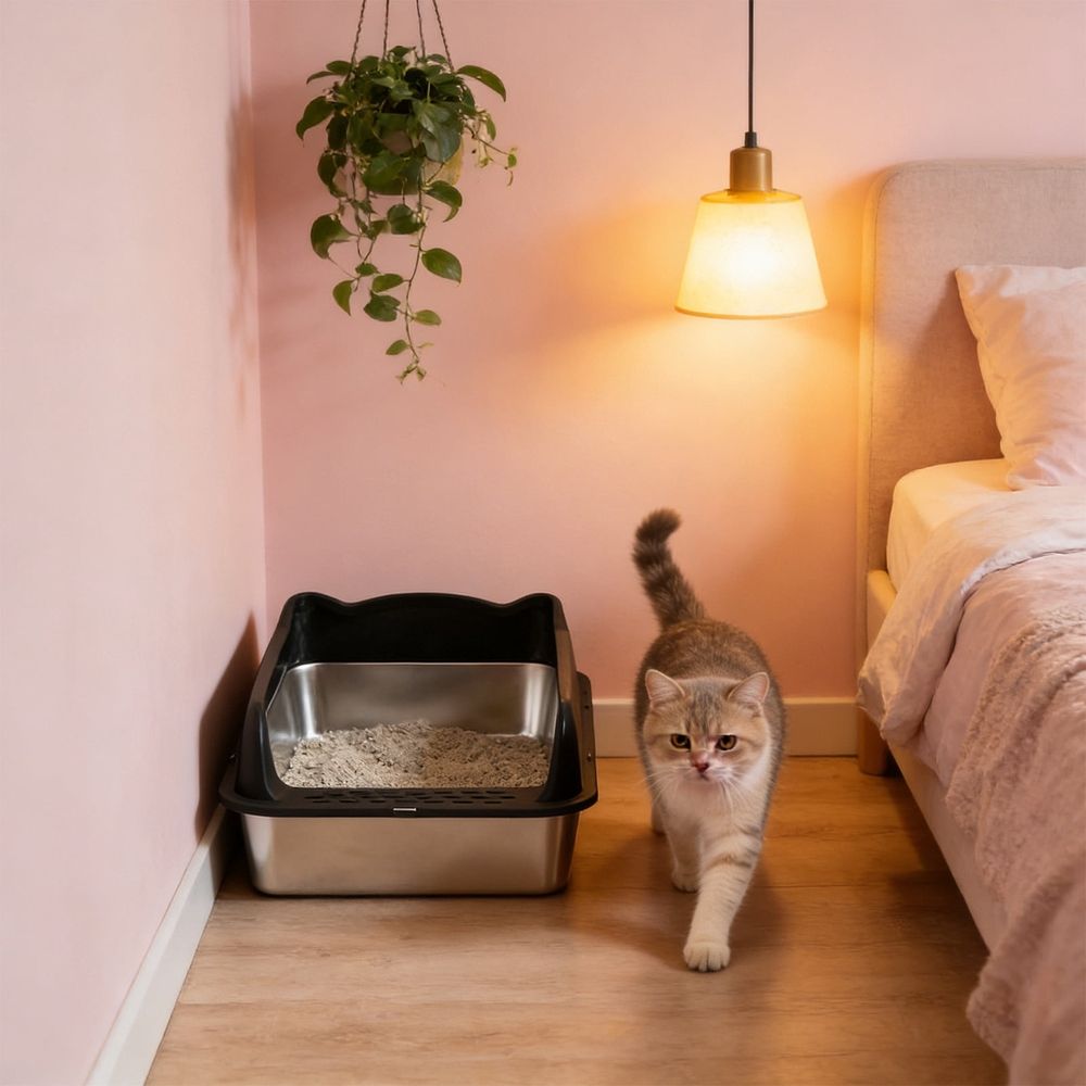 Stainless Steel Cat Litter Box Semi Enclosed High Sides Antis Scatter Odor Control Kitty Litter Pan with Scoop Non-Slips Base for Large Obese Cats, Easy Clean Washable Open Tray, White