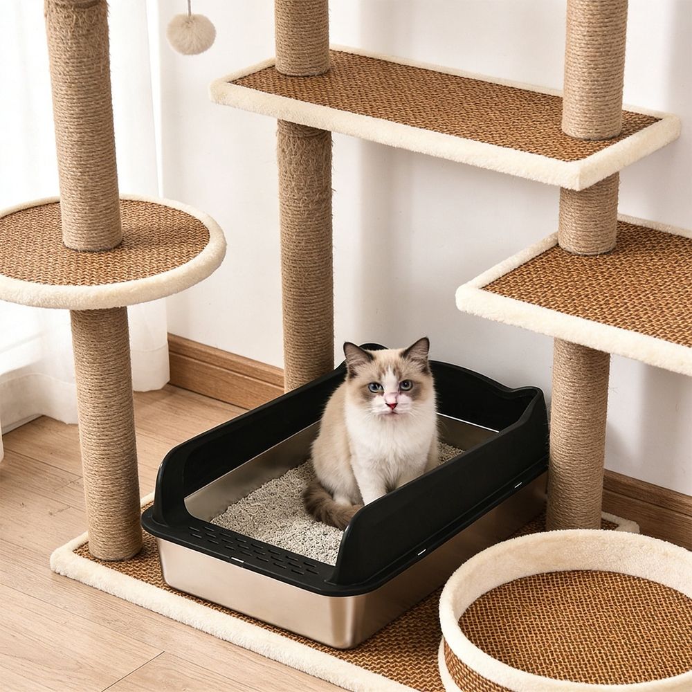 Stainless Steel Cat Litter Box Semi Enclosed High Sides Antis Scatter Odor Control Kitty Litter Pan with Scoop Non-Slips Base for Large Obese Cats, Easy Clean Washable Open Tray, White