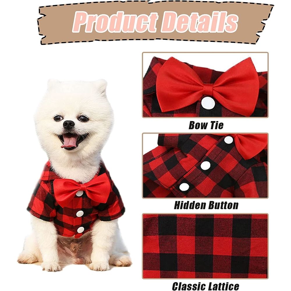 Plaid Dog Shirt - Cute Boy Dog Clothes and Bow Tie Combo Dog Outfit for Small Medium Large Dogs Cats Birthday Party and Holiday Photos