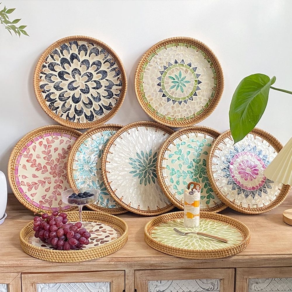 Rattan Tray with Mother of Pearl Inlay Wooden Base, Serving Basket for Breakfast Food, Round Tray as Coffee Table Decor, Mother of Pearl Decoration, Storage and Display