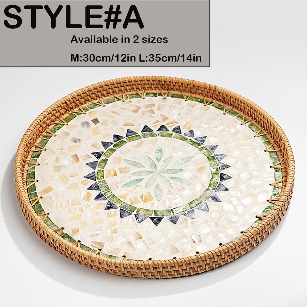 Rattan Tray with Mother of Pearl Inlay Wooden Base, Serving Basket for Breakfast Food, Round Tray as Coffee Table Decor, Mother of Pearl Decoration, Storage and Display