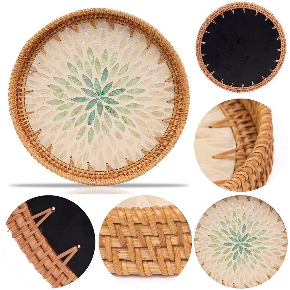 Rattan Tray with Mother of Pearl Inlay Wooden Base, Serving Basket for Breakfast Food, Round Tray as Coffee Table Decor, Mother of Pearl Decoration, Storage and Display