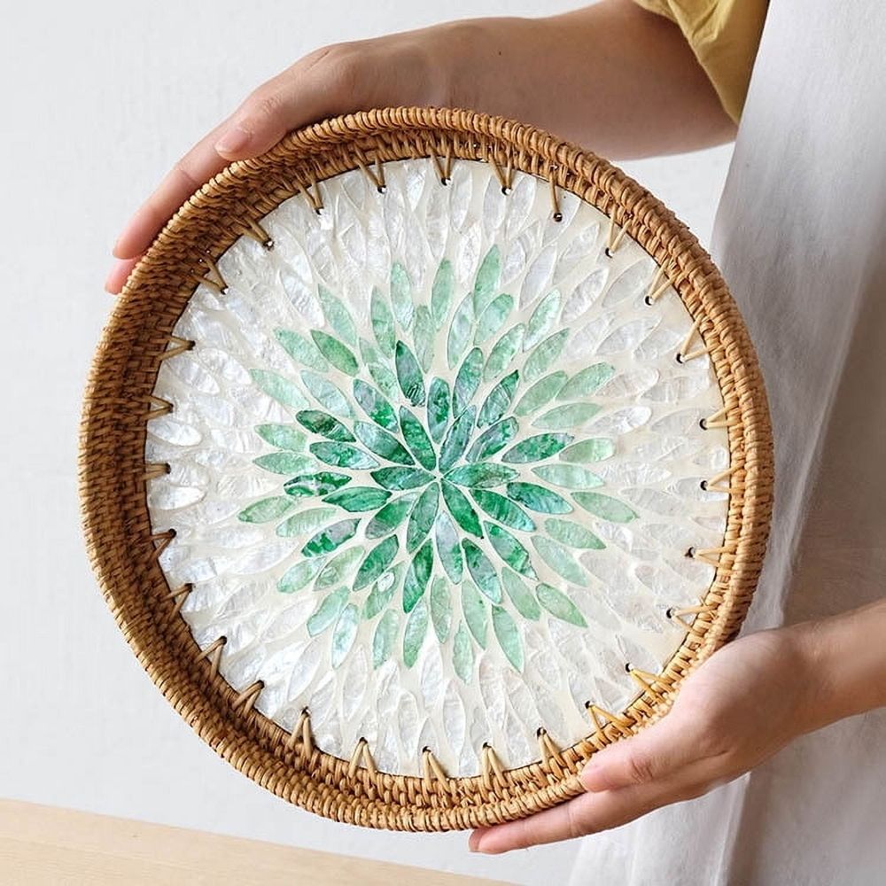 Rattan Tray with Mother of Pearl Inlay Wooden Base, Serving Basket for Breakfast Food, Round Tray as Coffee Table Decor, Mother of Pearl Decoration, Storage and Display