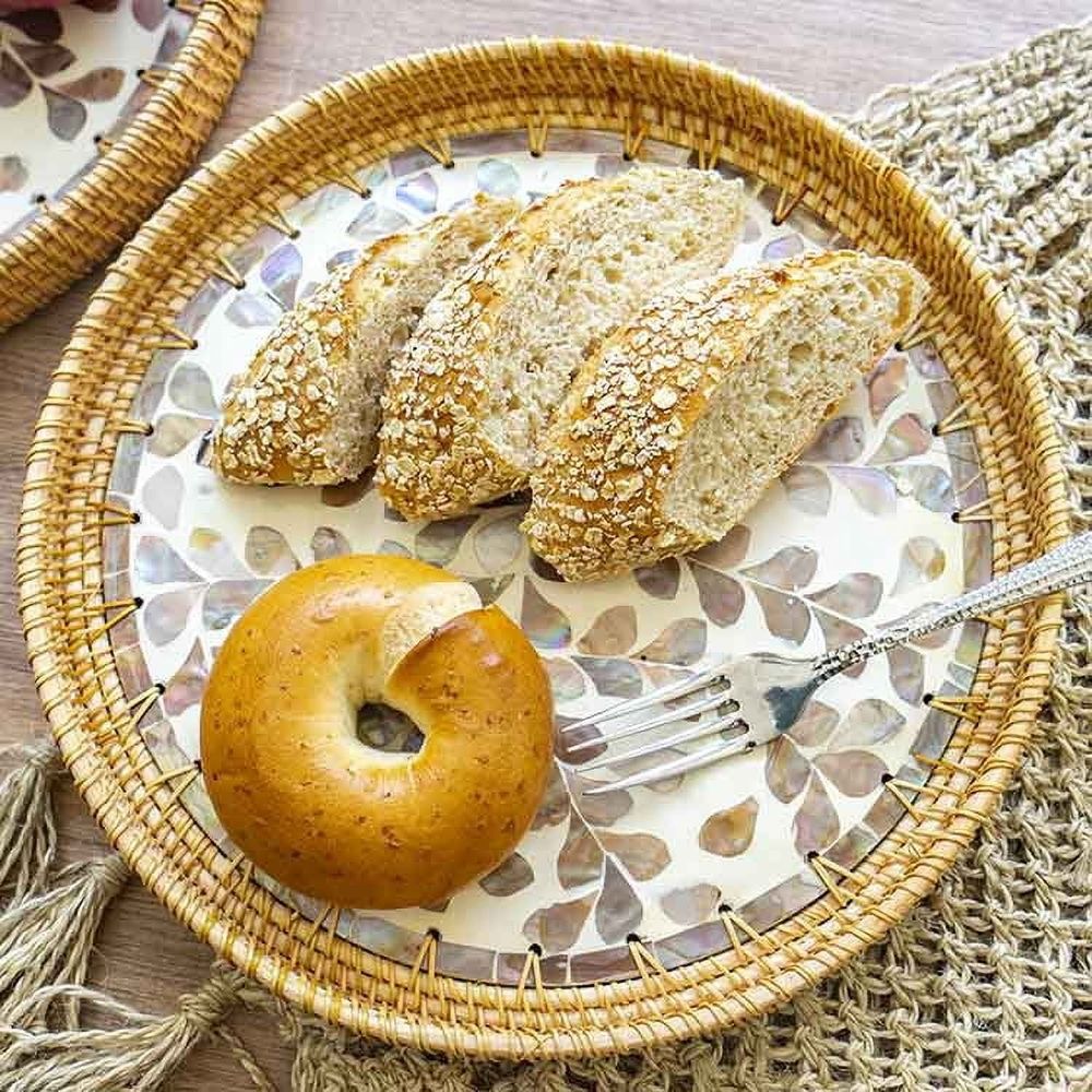 Rattan Tray with Mother of Pearl Inlay Wooden Base, Serving Basket for Breakfast Food, Round Tray as Coffee Table Decor, Mother of Pearl Decoration, Storage and Display