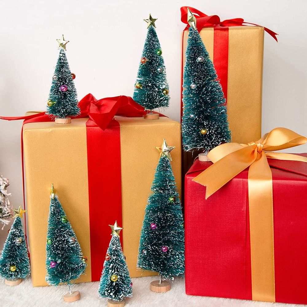 9PCS Bottle Brush Trees with Topper Ornaments, Mini Christmas Trees Sisal Snow Frost Trees with Wood Base for Christmas DIY Decoration Table Top Decoration Diorama Tree Models