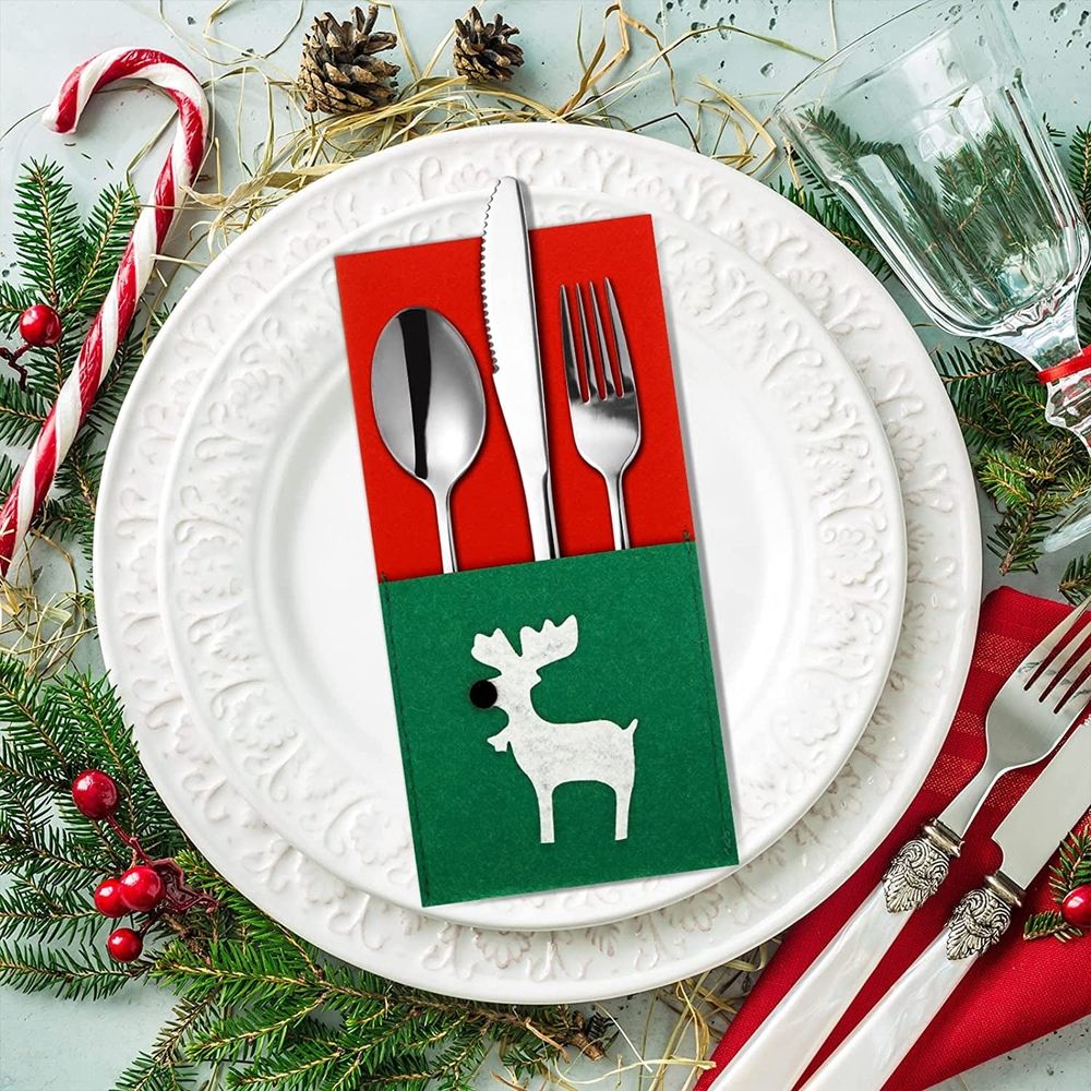 10PCS Christmas Silverware Holder Pocket Tableware Cutlery Organizers Felt Xmas Tree Snowman Reindeer Snowflake Stocking Knife Fork Flatware Bags Christmas Party Dinner Table Supplies