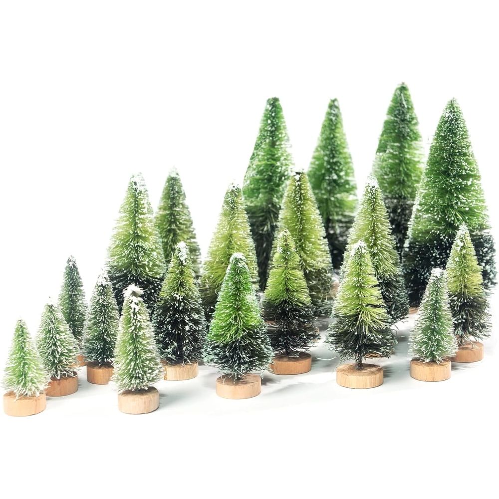 40PCS Mini Christmas Trees, 5 Sizes Artificial Sisal Trees Bottle Brush Xmas Trees with Wooden Base for Xmas Winter Home Table Decoration