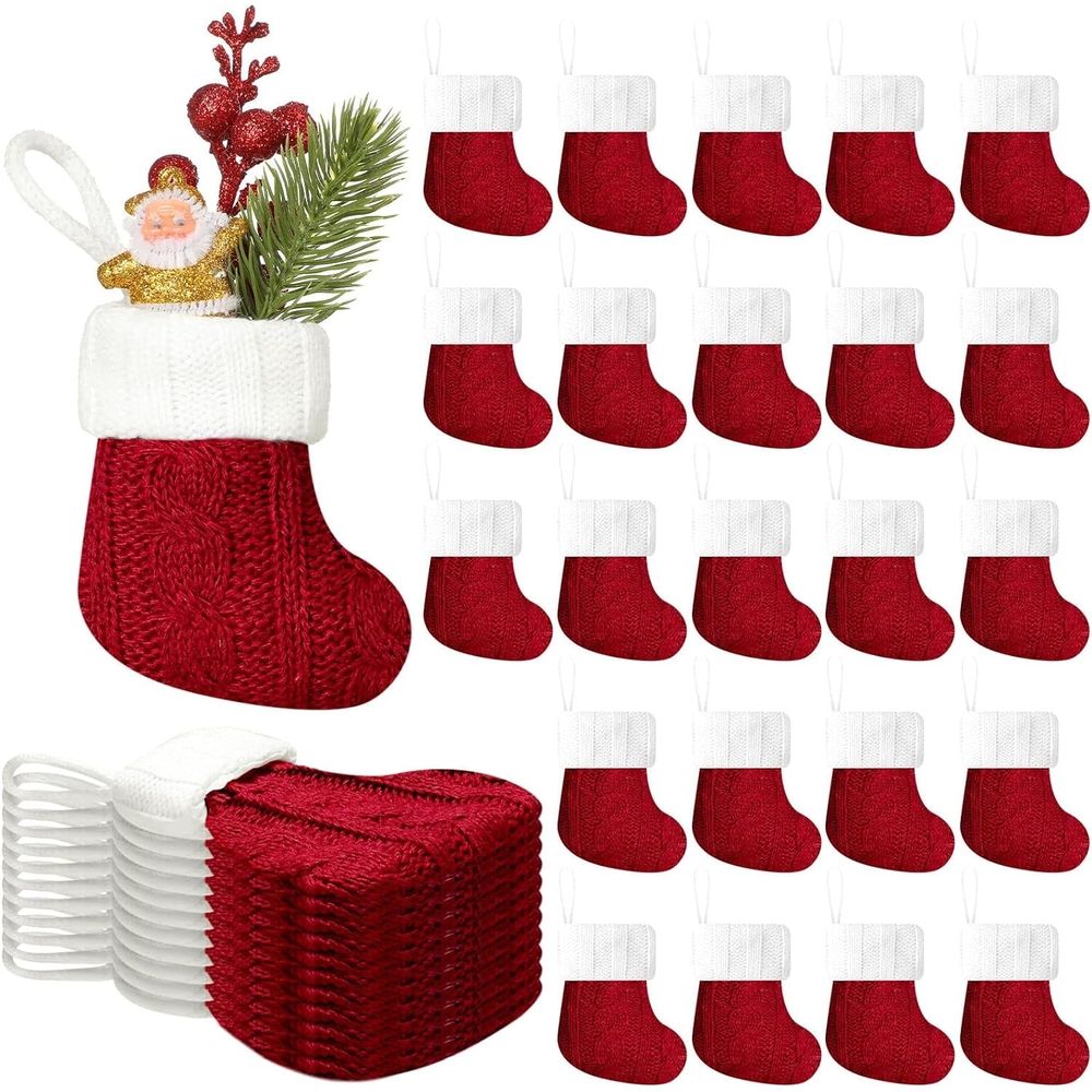 24PCS Christmas Mini Stockings Red Cable Knit Xmas Rustic Stocking Mini Stockings Christmas Bulk Little Holiday Hanging Decorations Christmas Tree Ornaments for Fireplace Mantel Tree Party Decor