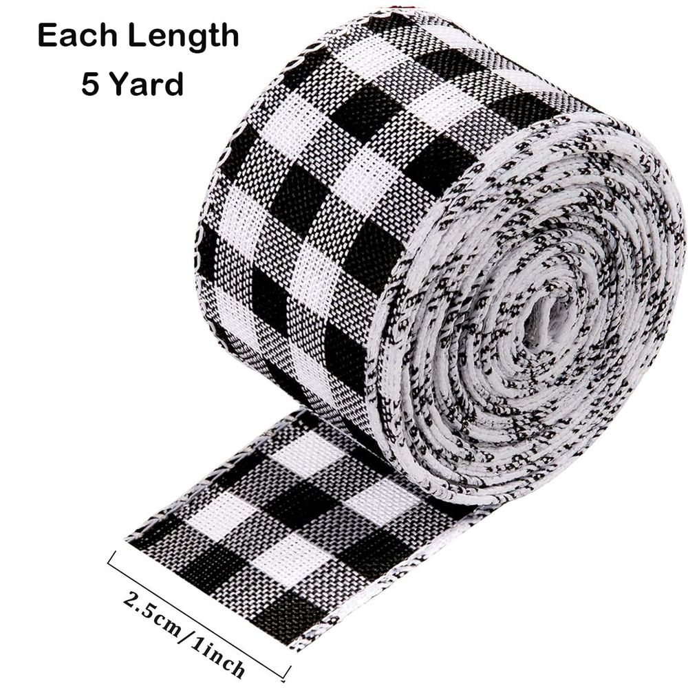 Buffalo Plaid Ribbons Wired Edges, 2 Rolls Black and White Checkered Ribbon for Christmas Tree Gift Decorations