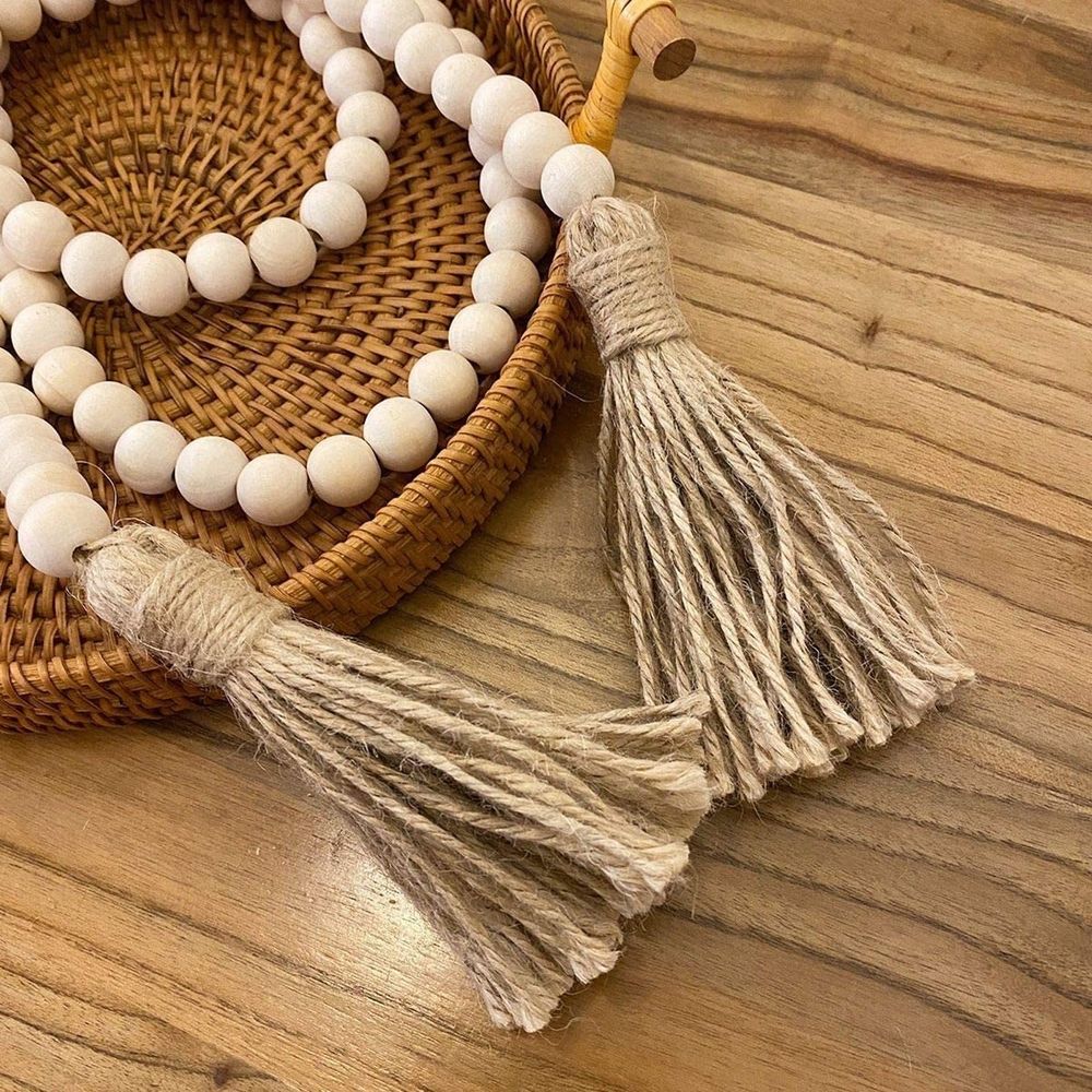 Wood Bead Hanging Garland, Natural Tassel Bohemian Style Wall Decor, 1 Strand, Bohemian Beaded Wreath, Farmhouse Decor