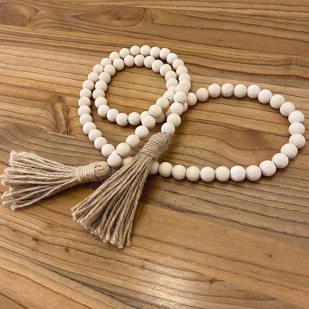 Wood Bead Hanging Garland, Natural Tassel Bohemian Style Wall Decor, 1 Strand, Bohemian Beaded Wreath, Farmhouse Decor