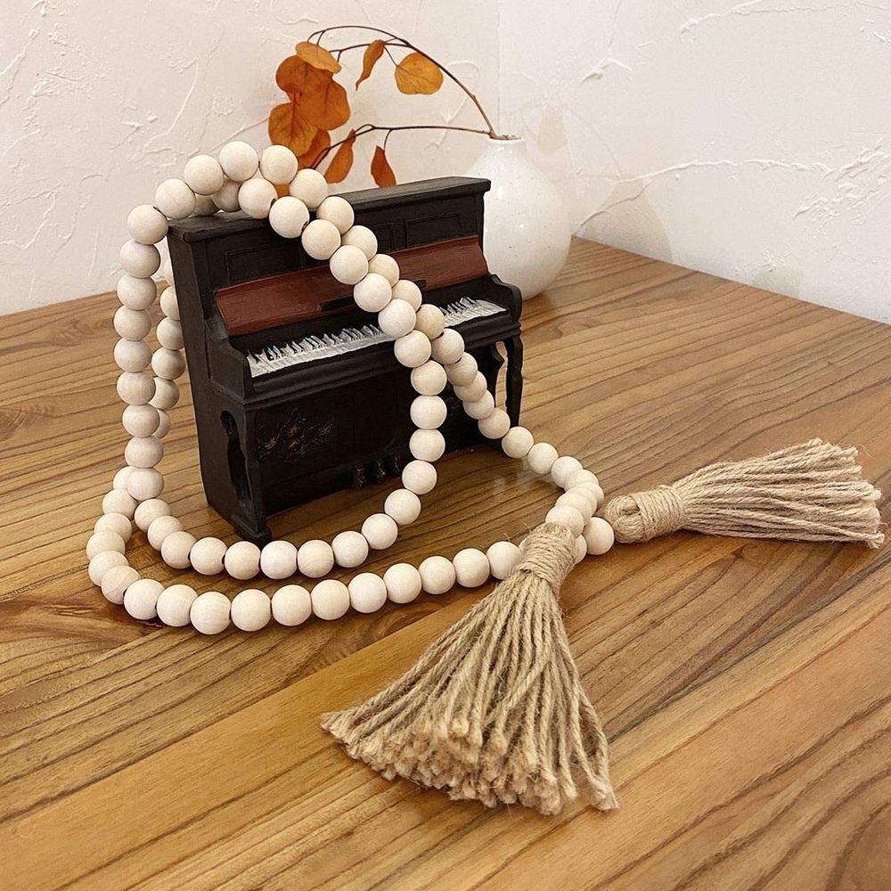 Wood Bead Hanging Garland, Natural Tassel Bohemian Style Wall Decor, 1 Strand, Bohemian Beaded Wreath, Farmhouse Decor