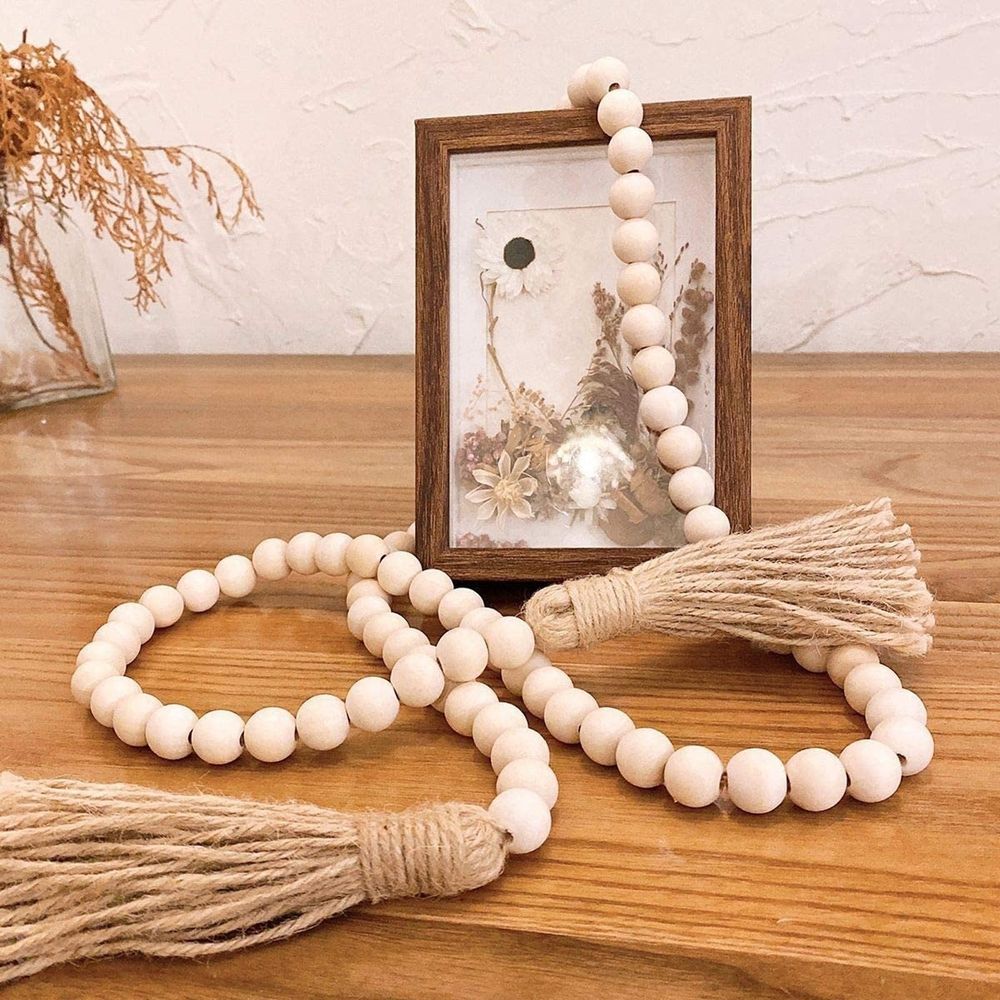 Wood Bead Hanging Garland, Natural Tassel Bohemian Style Wall Decor, 1 Strand, Bohemian Beaded Wreath, Farmhouse Decor