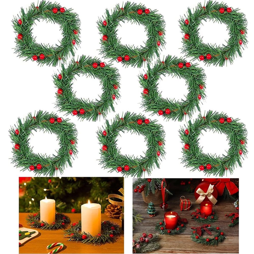 8PCS Christmas Candle Rings, Small Artificial Red Berry Wreath Candle Holder Rings, Fits 3 Inch Pillars Candle Tapers for Rustic Wedding Centerpiece Christmas Table Decoration