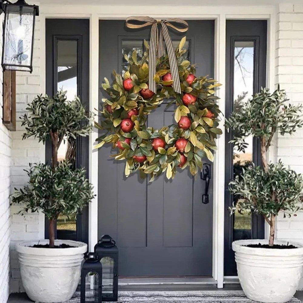 Front Door Round Wooden Fall Wreath with Brown Magnolia Leaves and Small Pomegranate Fruits leaves for Farmhouse porch wall Holiday Home Decoration,18in
