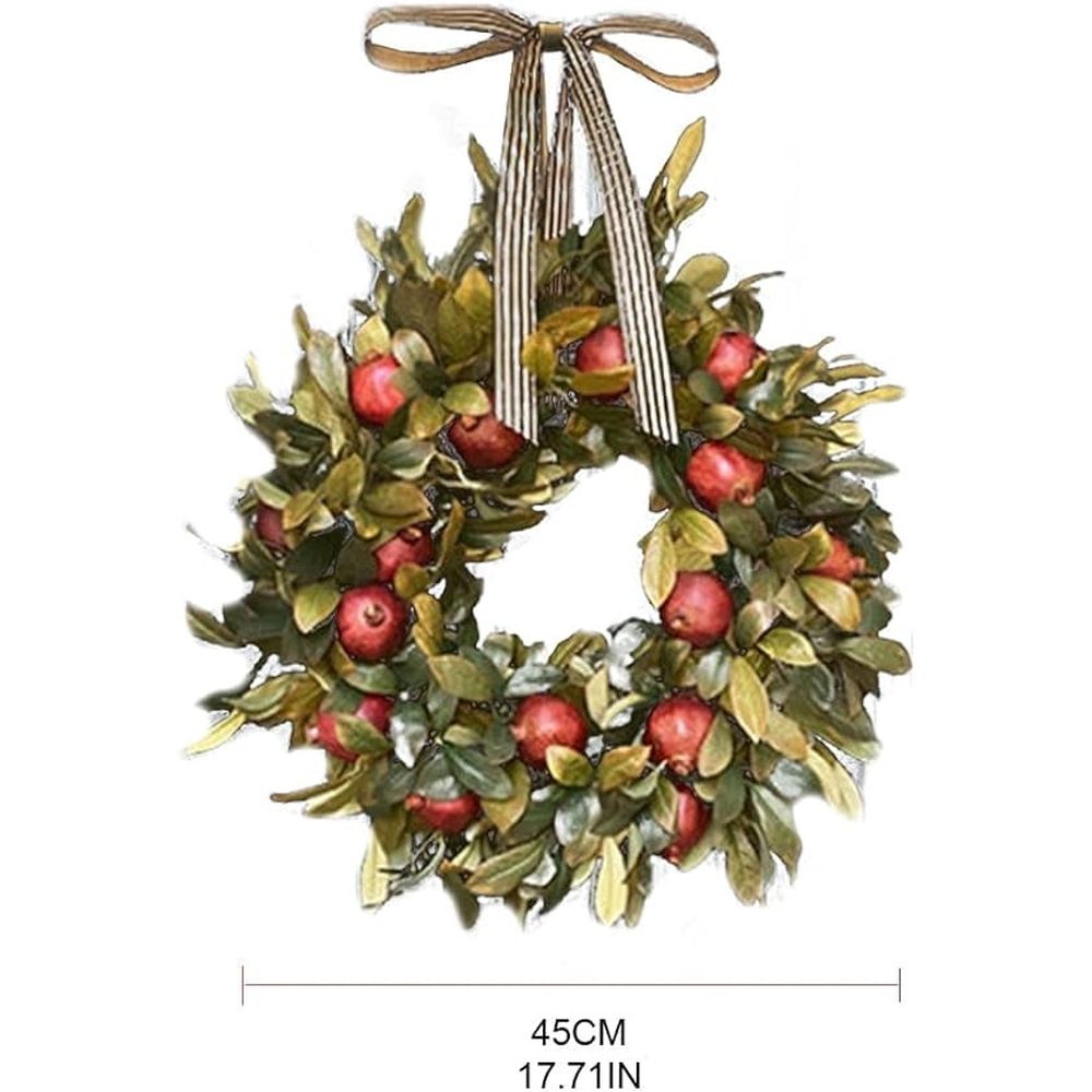 Front Door Round Wooden Fall Wreath with Brown Magnolia Leaves and Small Pomegranate Fruits leaves for Farmhouse porch wall Holiday Home Decoration,18in
