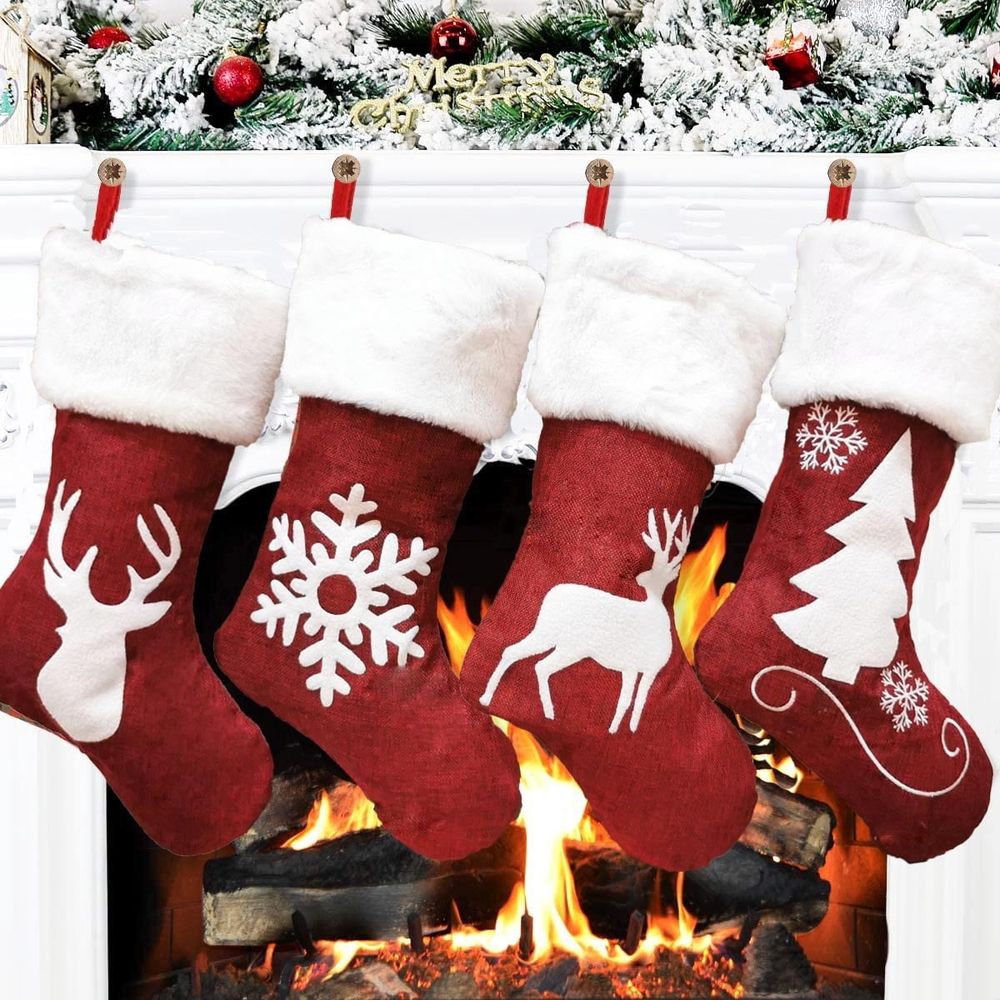 18 Inches Christmas Stockings, Large Super Soft Christmas Stockings Red Velvet with White Super Soft Plush Cuff for Christmas Xmas Tree Fireplace Family Decor Gifts(Deer,Snowflake,Christmas tree)