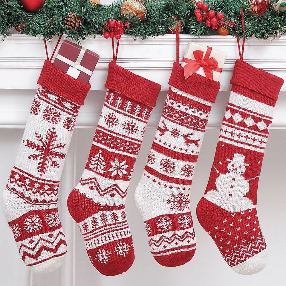 4 Pack Christmas Stockings 18 Inches Large Size Cable Knitted Stocking Gifts & Decorations for Family Holiday Xmas Party, Ivory White and Burgundy
