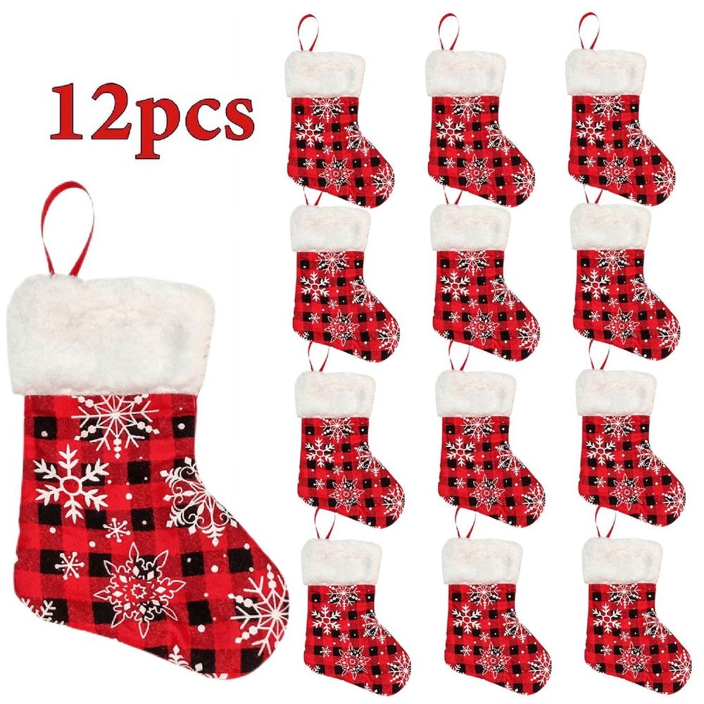 12 Pack 7 inches Mini Christmas Stocking Buffalo Snowflake Plaid Stockings Hanging Ornament Xmas Holiday Decoration