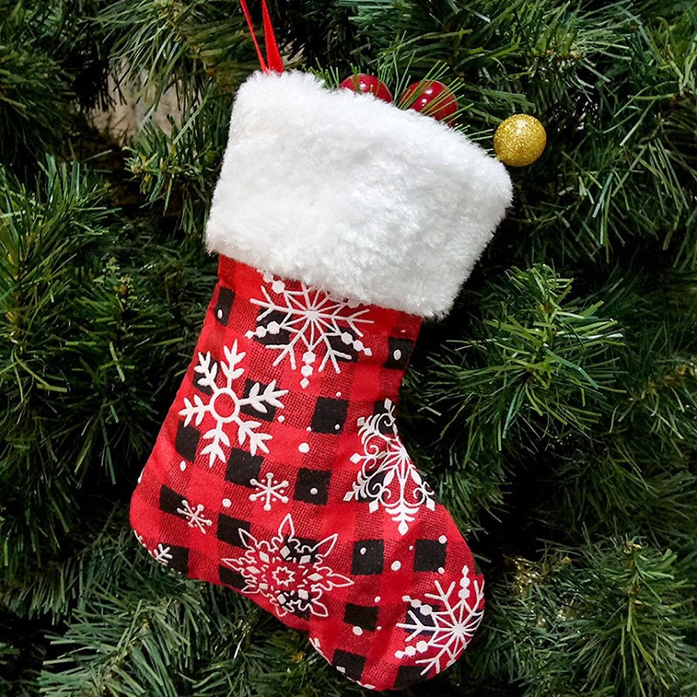 12 Pack 7 inches Mini Christmas Stocking Buffalo Snowflake Plaid Stockings Hanging Ornament Xmas Holiday Decoration