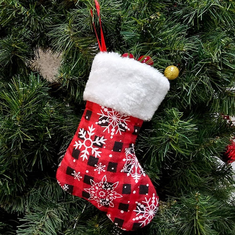 12 Pack 7 inches Mini Christmas Stocking Buffalo Snowflake Plaid Stockings Hanging Ornament Xmas Holiday Decoration