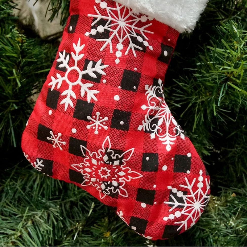 12 Pack 7 inches Mini Christmas Stocking Buffalo Snowflake Plaid Stockings Hanging Ornament Xmas Holiday Decoration
