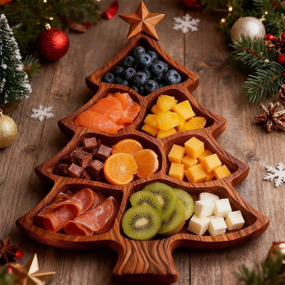 Christmas Tree Serving Tray Platter, Charcuterie Board with 8-Compartment, Snack Dessert Wooden Food Tray, 9.8*10.6 inch Cute Entertaining Platter for Cheese, Fruit, Desserts, Meat and Nuts