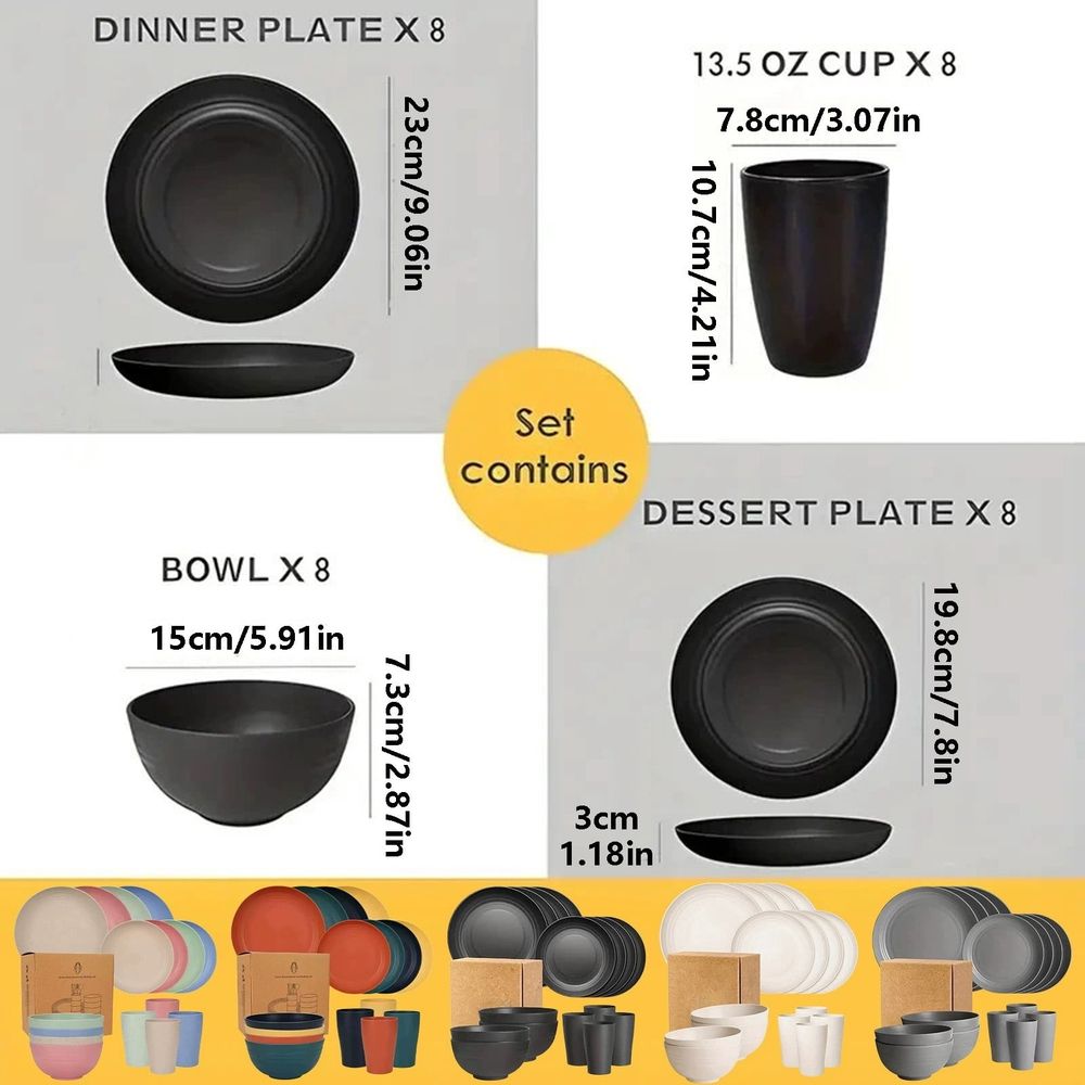 Plates and Bowls Sets, 16Pcs Dishes Set, Camping Dishes, Plastic Plates Reusable, Dishware, Outdoor plates, Lightweight Kitchen Accessories, Microwavable Dishwasher Safe for Kitchen, Camping, Black